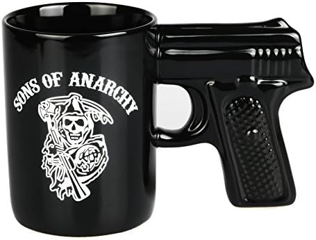 Gun Coffee Mug | 13.5oz Ceramic Hot &amp; Cold Beverages Mug | Novelty Firearm Cup for Gun Enthusiasts | Fun Pistol-Shaped Handle Gift with Printed Son of Anarchy Design | Black | 1603