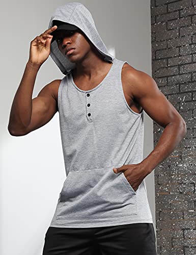 iWoo Men\'s Workout Hooded Gym Muscle Tank Tops Sleeveless Fashion Button T Shirt with Pockets Grey M