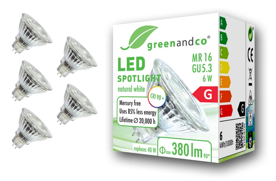 greenandco® CRI 90+ 4000K 36° LED spot Replaces 40 Watt GU5.3 MR16 Halogen Spotlight, 6W 380 Lumen Neutral White 12V AC/DC, not dimmable, 5-Pack