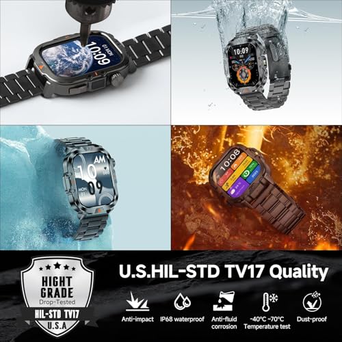 Uniiking® Military Smart Watches for Men, 2.01" Rugged Tactical Smartwatch with LED Strong Light, 400mAh, IP68 Waterproof Fitness Tracker with Compass, 100+ Sports Modes for Android iOS (2 Straps)