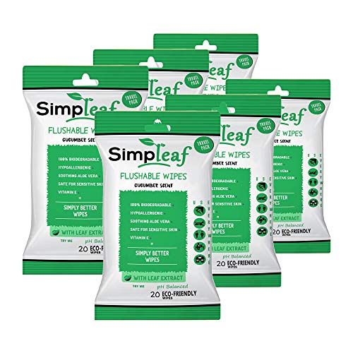 Simpleaf Flushable Wipes: Eco- Friendly, Thick and Effective, Paraben and Alcohol Free, Hypoallergenic and Safe for Sensitive Skin, Vitamin E with Cucumber Scent (6 Packs)
