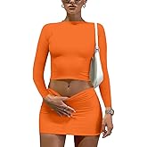 LAGSHIAN Women Sexy 2 Piece Outfits Long Sleeve Crop Top Bodycon Mini Skirt Club Suits Dress