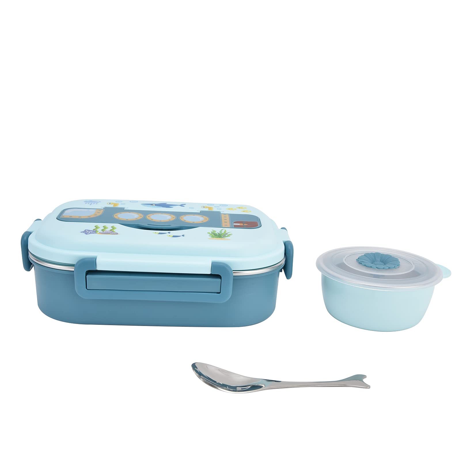 HEEPDD Stainless Steel Lunch Box for Kids, Leak Proof 3 Compartments with Tableware BPA Free Portions Stainless Steel Box for School Home Office Travel Use Blue