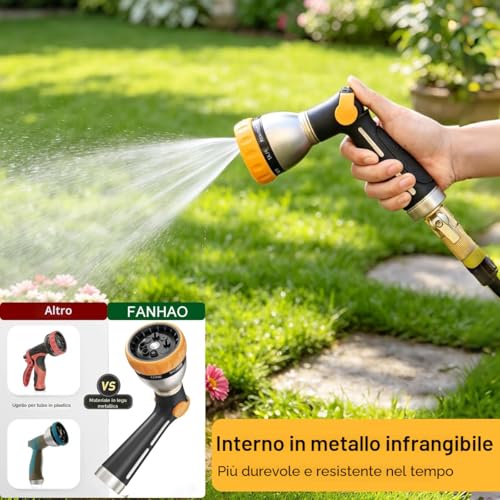 FANHAO Garden Spray Gun, 100% Heavy Duty Metal Spray Nozzle Thumb Operated High Pressure Water Nozzle with 8 Modes for Watering Plants Car Wash