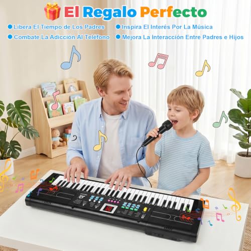 Teclado Musical, 61 Piano Digital para Niños, Incluye Micrófono y Atril Teclas Piano Eléctrico Altavoces Duales Piano Digital Adecuado Teclado Piano para Niños, Niñas Principiantes (Negro)