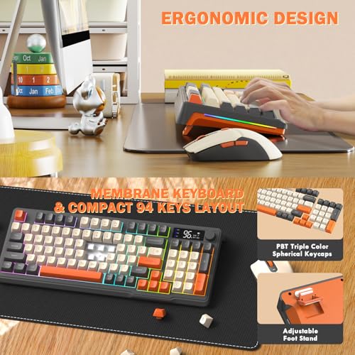 FREEWOLF T96 Wireless Keyboard and Mouse Combo, Retro, BT & 2.4G Modes, PBT Keycaps, Media Knob, Display Screen, Silent Keys, 26-Key Anti-ghosting, American QWERTY, for Mac/Windows/Linux