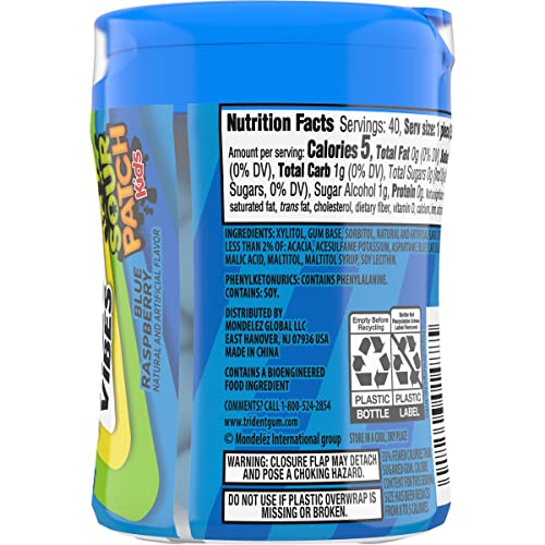 TRIDENT VIBES SOUR PATCH KIDS BLUE RASPBERRY SUGAR FREE GUM, 40 PIECE BOTTLE