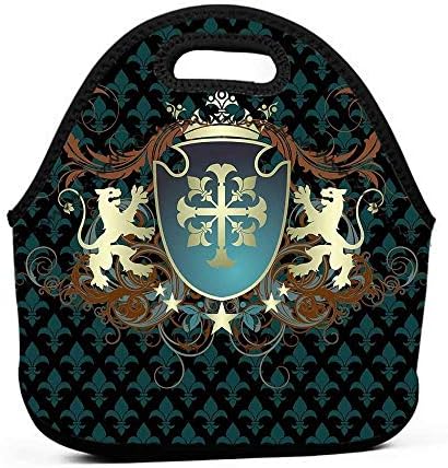 Travel Case Lunchbox with Zip Medieval,Heraldic Design from Middle Ages Coat of Arms Crown Lions and Swirls,Teal Black Cinnamon,strap for lunch bag