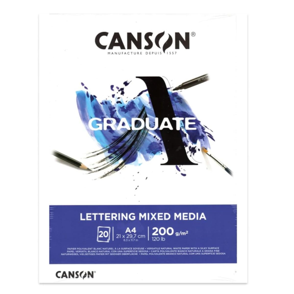 CANSON Graduate Mixed Media Paper Pad A4, 200gsm 20 Sheets, Lettering, Illustration & Drawing, for Student Artists