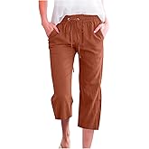 LRMQS Capris Pants for Women Cotton Linen Casual Summer 2025 Straight Wide Leg Loose Drawstring Elastic Waist Cropped Trouser