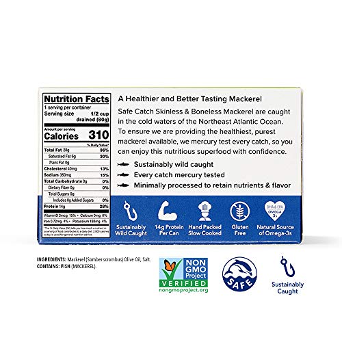 Safe Catch Canned Mackerel Fish in Pure Olive Oil, Mercury Tested, Wild
