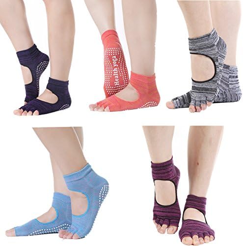 Yoga Socks Toeless Non Slip Skid Pilates Grippy Barre Cotton Sock for Women Pack of 5 colored thread color one size