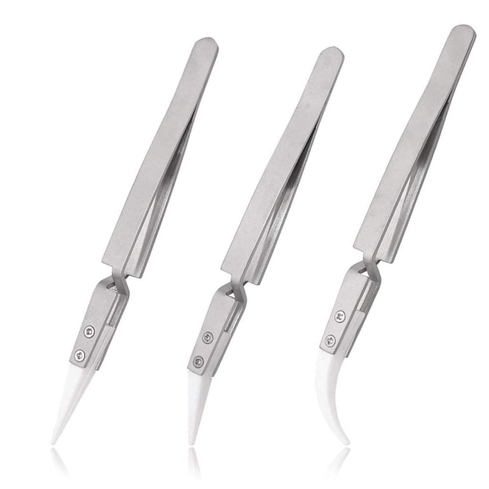Mesee 3 Pieces Ceramic Tweezer Kit, Precision Reverse Tweezers Non-Conductive, Anti-Magnetic, Heat Resistant Pointed & Curved Tips Tweezers Set for Pinching Coils, Cross Lock Soldering Tool Kit