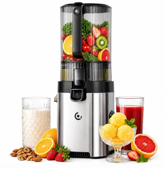 AMZCHEF Cold-Press-Juicer-Machines, 165MM Large Feed Chute, 600W DC Motor, Slow Masticating Juicer with Pre-Cut Blade, 2 Strainers for Juice, Nut Milk & Sorbet, High Juice Yield, Easy to Clean