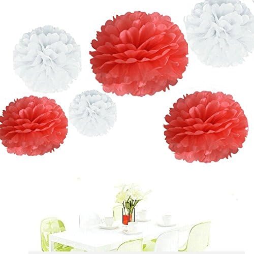 Since ® 12Pcs of 8" 10" 14" 3 Colors Mixed White and Coral Tissue Paper Flowers,Tissue Paper Pom Poms,Wedding Party Decor,Pom Pom Flowers,Tissue Paper Flowers Kit,Pom Poms Craft,Wedding Pom Poms