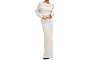 Kwunbwa Skirt Sets Women 2 Piece Outfits Off Shoulder Long Sleeve Sweater Bodycon Maxi Skirt Fall Knit Sweater Set