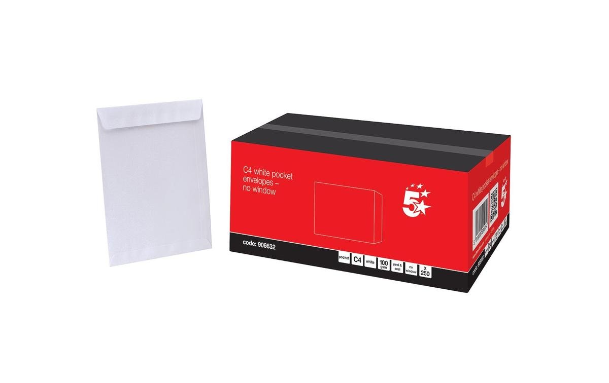 5 Star A4 Envelopes Strong Pocket Peel and Seal 100gsm White (Pack of 250)