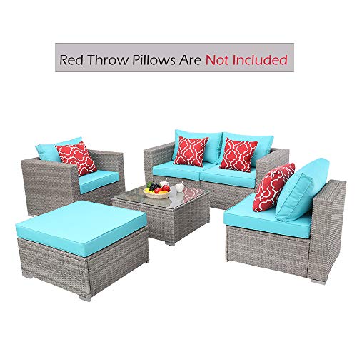 Do4U Patio Furniture Set 6-Piece Outdoor Lawn Backyard Poolside All Weather PE Wicker Rattan Steel Frame Sectional Cushioned Seat Sofa Conversation Set (Gray-Turquoise)