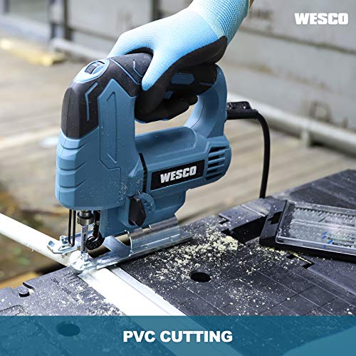 Jigsaw, WESCO 4.5 Amp Electric Jig Saw 0-3000 SPM Variable Speed, 4 Orbital Sets, ±45°Bevel Cutting Angle,Adjustable Aluminum Base, 10PCS Blades for Metal PVC Ceramic Wood Cutting/WS3770U