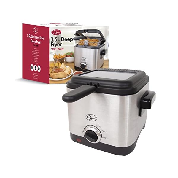 Quest-34250-Brushed-Square-Deep-Fat-Fryer-Compact-Non-Stick-Coating-Stainless-Steel-15-Litre-900W Quest 34250 1.5 Litre Stainless Steel Deep Fat Fryer / 130-190°C Adjustable Temperature / Lid Cover & Viewing Window…