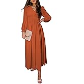 BLENCOT Womens Casual Long Sleeve Tiered V Neck Dress Pleat Ruched Ruffled Dress Solid Color Flowy Swing Midi Long Dresses
