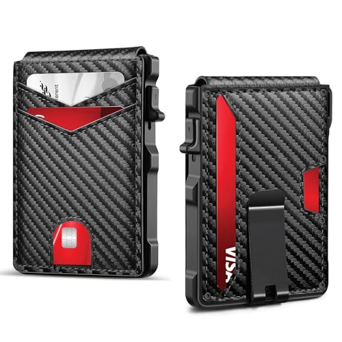 SEMORID Mens Wallet, Slim Wallet for Men with Money Clip, RFID Blocking Bifold Wallets, Minimalist Leather Wallet Credit Card Holder with ID Window, Gift Box (Carbon Fiber Black)