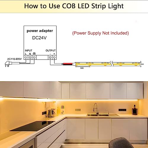 COB LED Strip 5M, Warm White 2700K LED Strip Light DC24V, 480LEDs/M, CRI 90+ Super Bright Uniform Dotless LED Tape Lights for Cabinet Kitchen Home DIY Indoor Lighting Projects (No Power Supply)