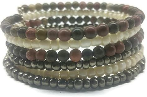Gemstone and Glass Bead Wrapping Memory Wire Bracelet Cappucino