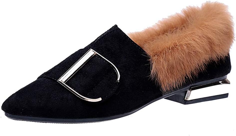 CYBLING Women's Pointed Toe Suede Slip On Shoes Fur Trim Low Heel Mules Loafers Shoes