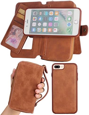 iPhone 7 Plus Detachable Wallet Case, Bellivin Card Holder Zipper Clutch Case for iPhone 7 Plus (Nubuck Brown 7 Plus)