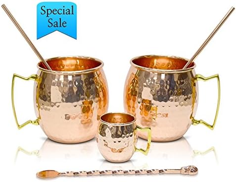 18 oz Copper Mugs Set Moscow Mule – 100% Copper Hammered Finish PREMIUM Best Quality Shinny – Hand crafted in India – Set of 2 With FREE GIFT: 2 Straws + Stir spoon + Shot mug