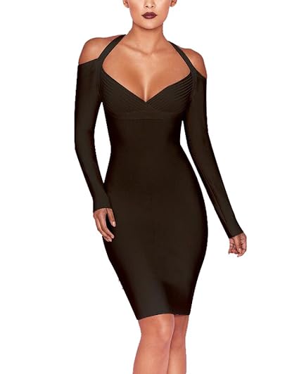 Whoinshop Damen Bandage Bodycon Kleid Langarm Neckholder Partykleid Festliches Knielang Cocktailkleid (L, Schwarz)