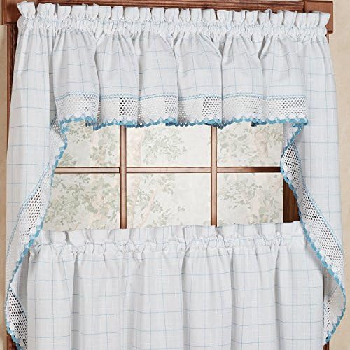 BED BATH N MORE 100-percent Cotton Classic White/ Blue Window Pane Pattern and Crotchet Trim Kitchen Curtains 38 x 60