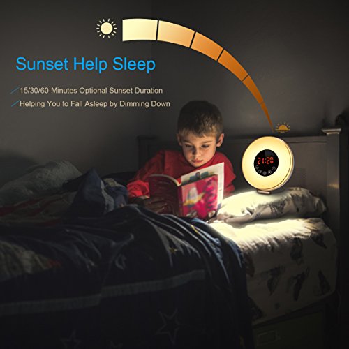 Alarm-ClockWitmoving-Bedside-Sunrise-Simulator-with-Brightness-Automatic-Adjustment-6-Nature-Sounds-FM-RadioWake-Up-LightEasy-Set-Up-via-Touch-ControlPowered-by-USB-Charger-or-Wall-Jack