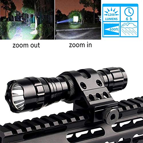 Tactical Flashlight 1200Lumens Zoomable Super Bright LED Rail Light Waterproof with Rechargeable Battery, Pressure Switch, Picatinny Offset Mount for Hunting Camping Outdoors