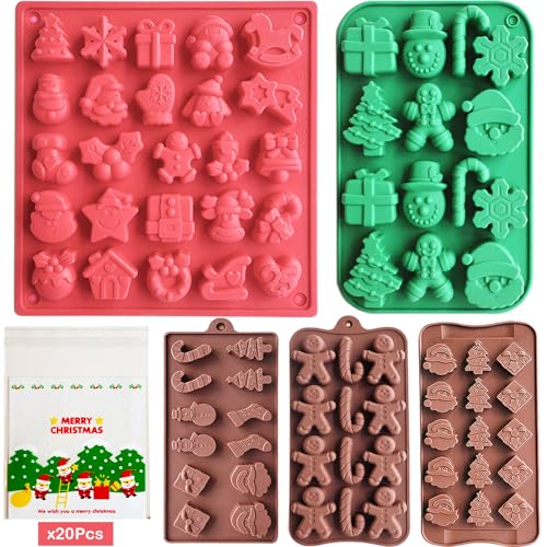 BZIDII Christmas Silicone Chocolate Molds，5 Pack Christmas Silicone Candy Molds with 20pcs Christmas Candy Bags for DIY Chocolate Ice Cube Jello Cake Topper Handmade Soap Wax Melts Candles Resin