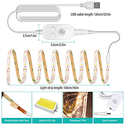 LED Band mit Bewegungsmelder, 1M/2M/3M USB Kleiderschrank Beleuchtung Stripe, LED Schranklicht Streifen Warmweiß 3500K/Weiß 6500K, Überall Aufkleben Nachtlicht für Schlafzimmer, Treppe, Schrank