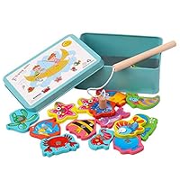 Anyren 15Pcs Wooden Magnetic Fishing Toy Set Sea Animals Cartoon Shape Fish Game Educational Fishing Toy Prize Box Toy for Kids