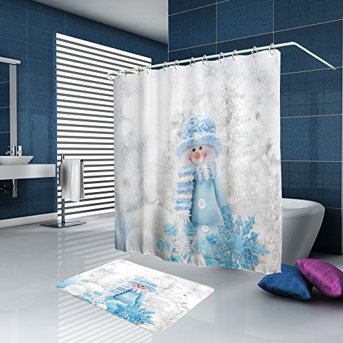 Baccessor Happy Snowman Christmas Shower Curtains,Winter Holiday Merry Christmas Eve Xmas New Year Shower Curtain Bathroom Decor with Hooks, 72" W x 72" H, Blue Hat Snowman