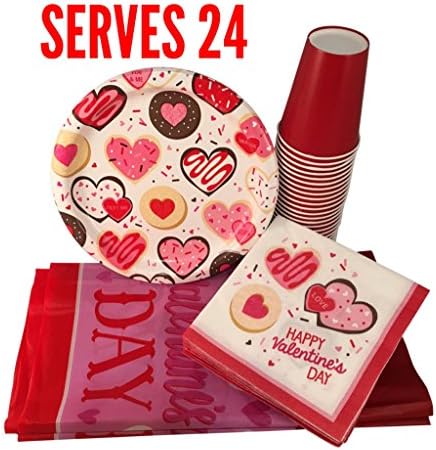 Valentines Day Party Paper Plates and Napkins Set Serves 24 with Paper Cups and Tablecloth (81 Pieces)