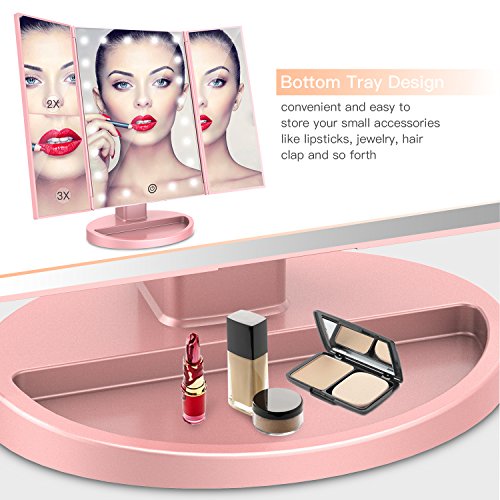 BESTOPE Makeup Vanity Mirror with 3x/2x Magnification,Trifold Mirror with 21 Led Lights,Touch Screen, 180° Adjustable Rotation,Dual Power Supply, Countertop Cosmetic Mirror (Pink Gold)