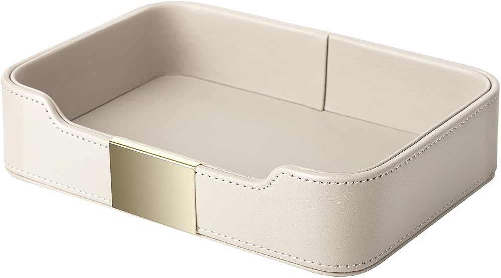 SANZIE Luxury Leather Tray with Metal 8.4x5.7x2 Inches Grey