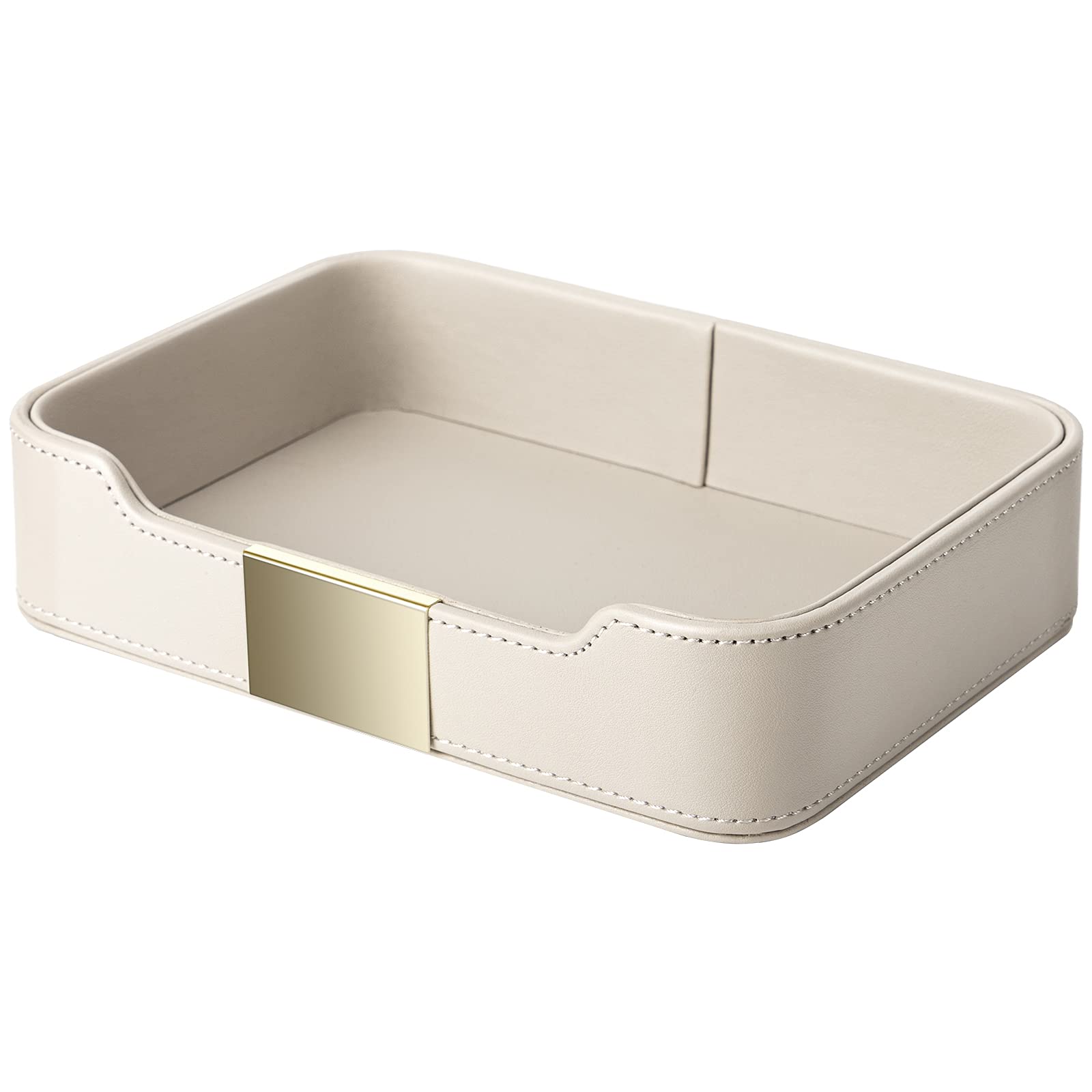 SANZIE Luxury Leather Tray Desktop Storage Catchall Organizer Decorative Tray for Entryway Table to hold Jewelry Watch Cosmetics Keys Phone Wallet Home & Office Accessories (Metal Glided, Grey)