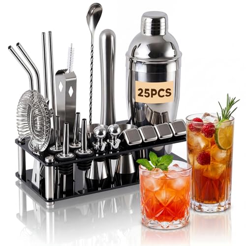Garselay 25 Pcs Cocktail Bartender Kit,Shaker Cocktail de Acero Inoxidable de 750ml,Coctelera Kit con Soporte de Acrílico y Folleto de Recetas de Cóctel,Herramientas Profesionales de Kit de Bartender