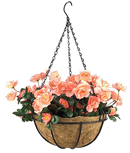 Lopkey Outdoor Artificial Red Azalea Bush Flower Patio Lawn Garden Hanging Basket with Chain Flowerpot,Orange - Thumbnail 5