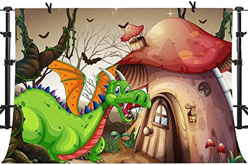 PHMOJEN Cartoon Green Dragon Monster Mushroom House Photography Backdrop for Children Theme Photo Background Mural Vinyl 10x7ft LYPH202