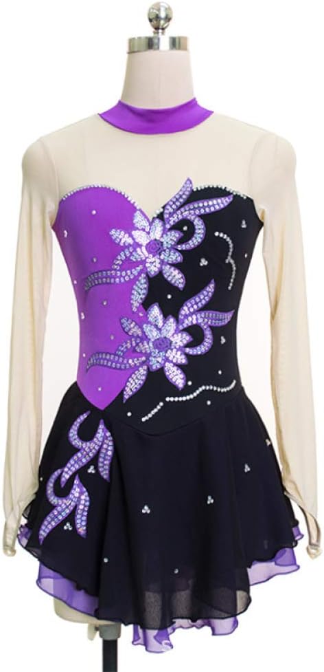 LYABANG Ice Skating Dress For Girls And Women, Handmade Figure Skating Professional Soft Comfortable Breathable High Elasticity Competition Costume Made To Order Long Sleeve Dress,Purple-XXXS
