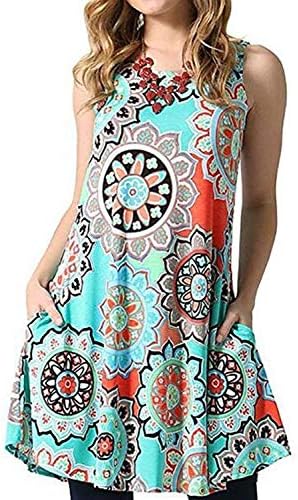 Tanst Women Summer Sleeveless Damask Print T-Shirt Dress with Pockets(S-3XL)