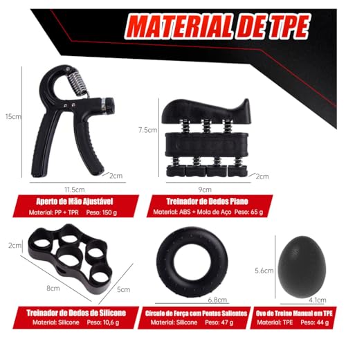 Hand Grip Kit de 5 em 1 Fortalecimento de Mãos Ajustável 5 a 60 kg, Ideal para Reabilitação e Fisioterapia para Artrite, Tendinite e Treino Esportivo