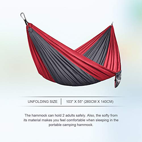 JBM Hammock Single Double Camping Lightweight Portable Parachute Hammock Outdoor Hiking Travel Backpacking - Nylon Hammock Swing - Support 400lbs with Nylon Ropes and Steel Carabiners (Gray & Red) - Thumbnail 6